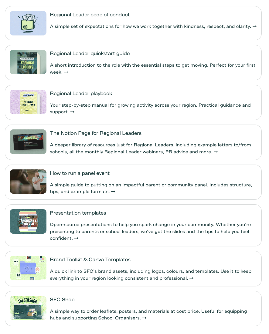 The Regional Leaders Hub tiles: code of conduct, quickstart guide, playbook, the Notion page, how to run a panel event, presentation templates, Brand Toolkit and Canva templates, and the SFC Shop